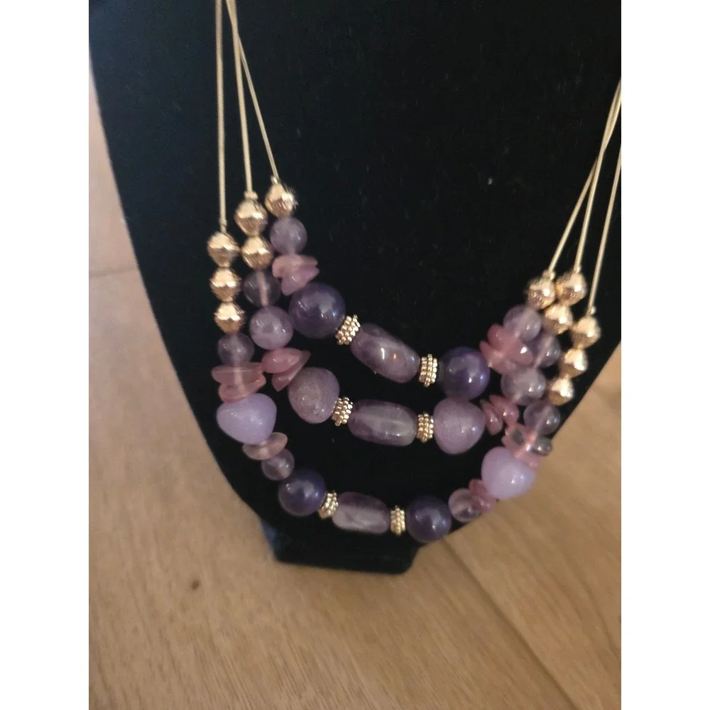 Chico's Beaded Statement‎ Necklace Purple Agate Aventurine Gold Tone 3-Strand